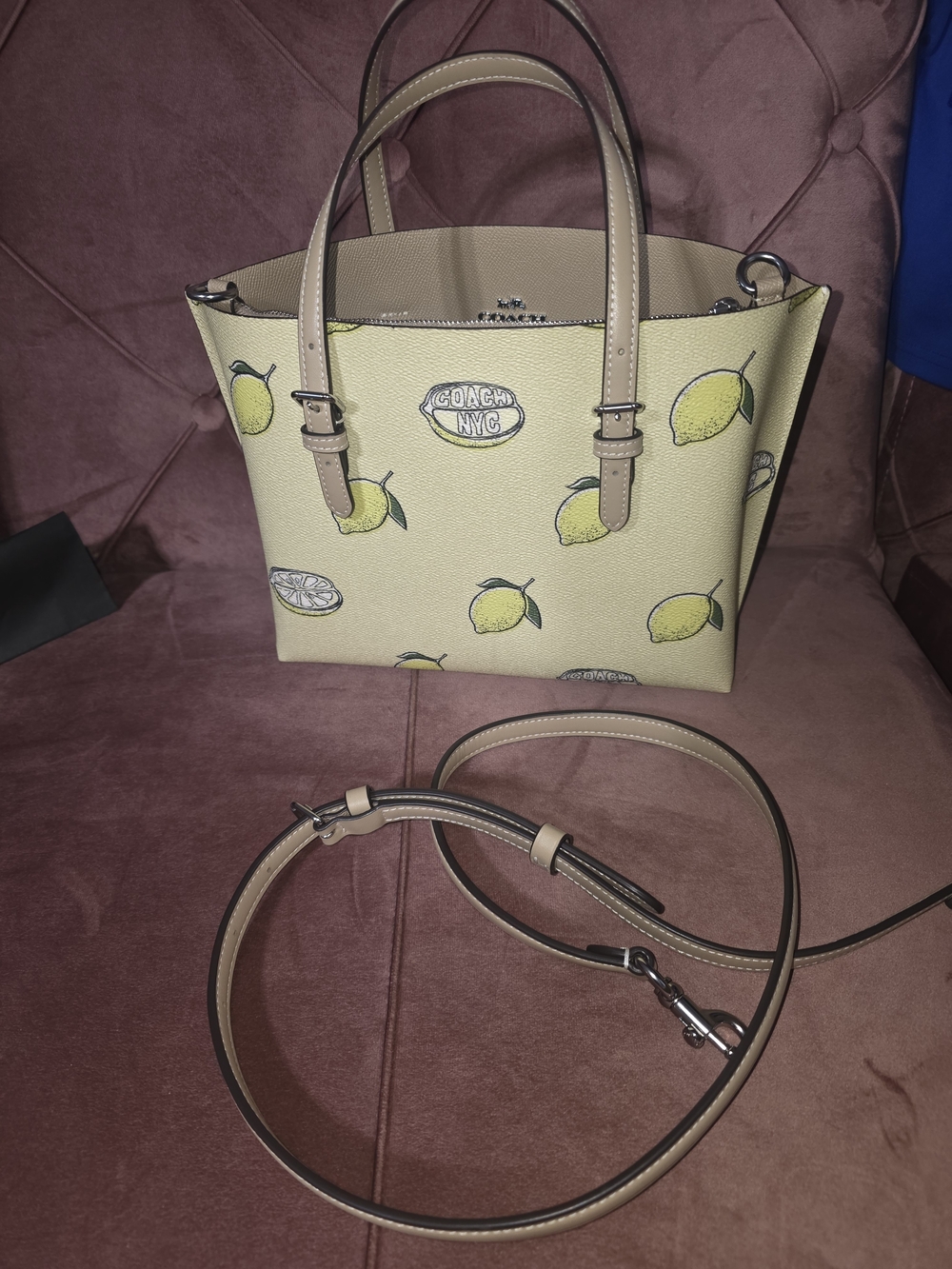 Coach Yellow Lemon Print Mini Tote with Tan Trim